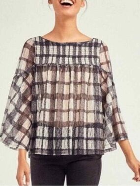 Akemi + Kin Sheer Plaid Peasant Blouse in Black and White Size XS